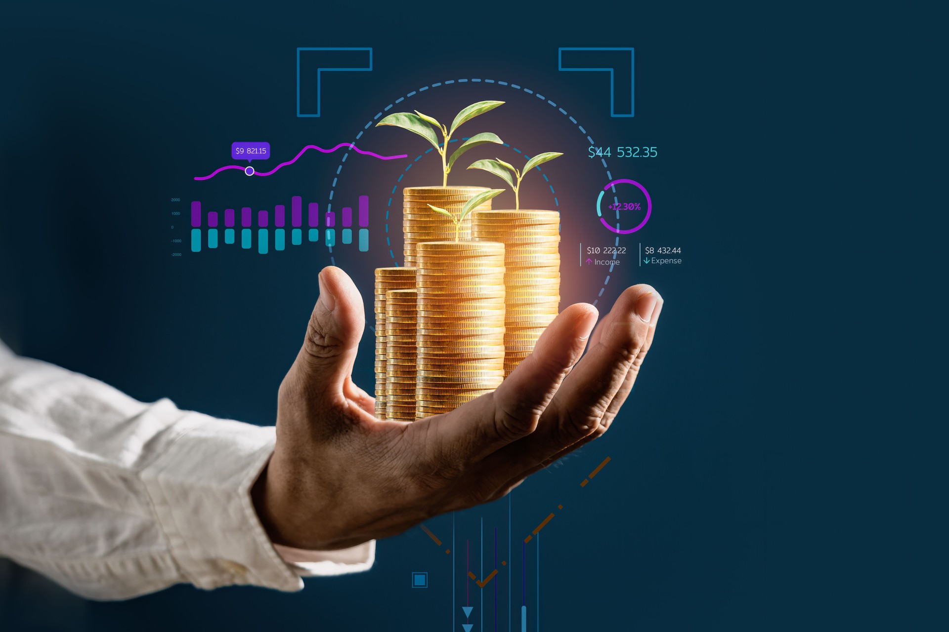 Businessman hold gold money coins with growing business graph and analysis financial data on virtual screen. Business planning and strategy Concept